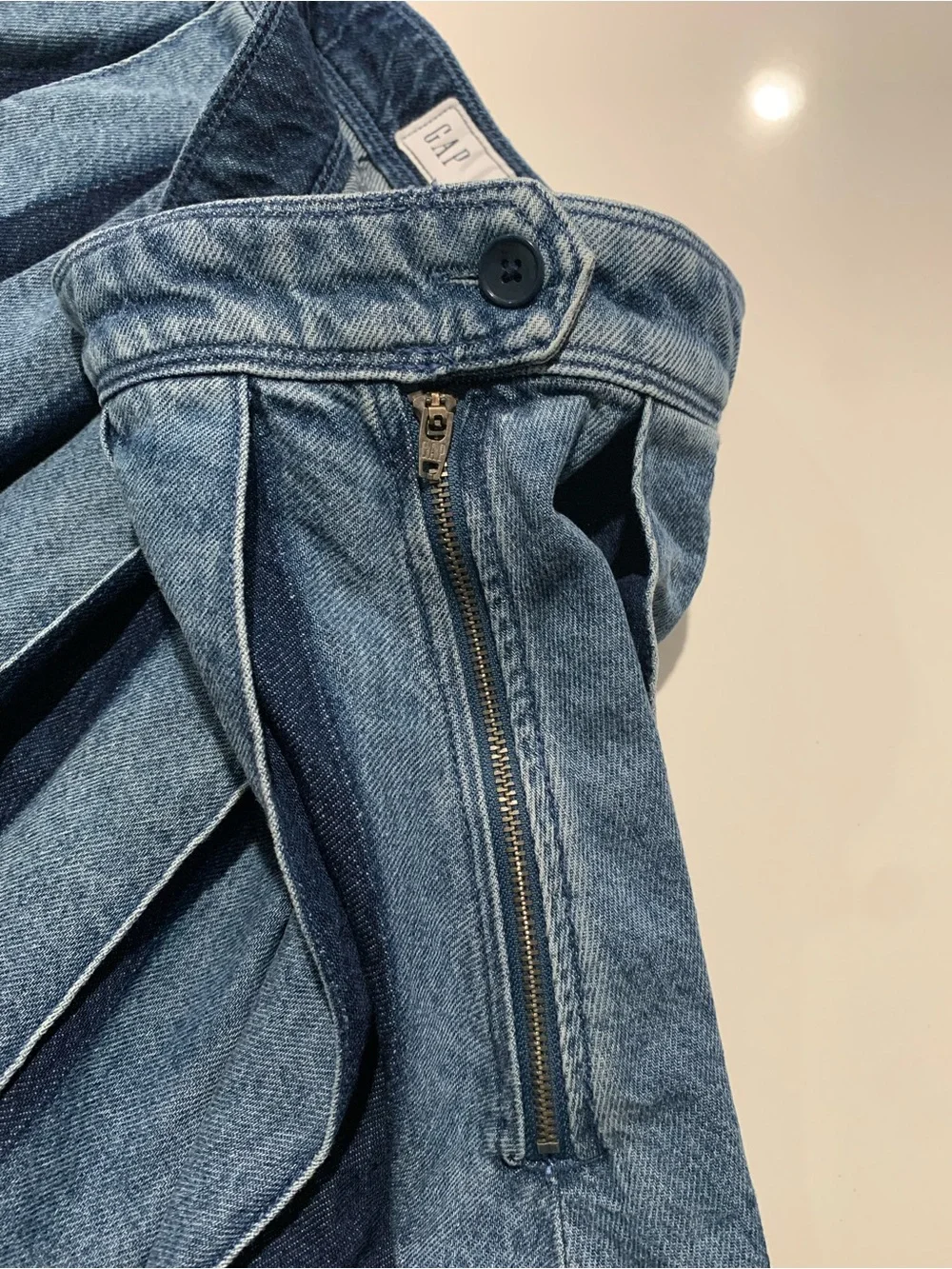 GAP Denim Mini Circle Skirt Panelled Dark Light Blue Frayed Hem Grunge Y2K 28 6R - Picture 6 of 10